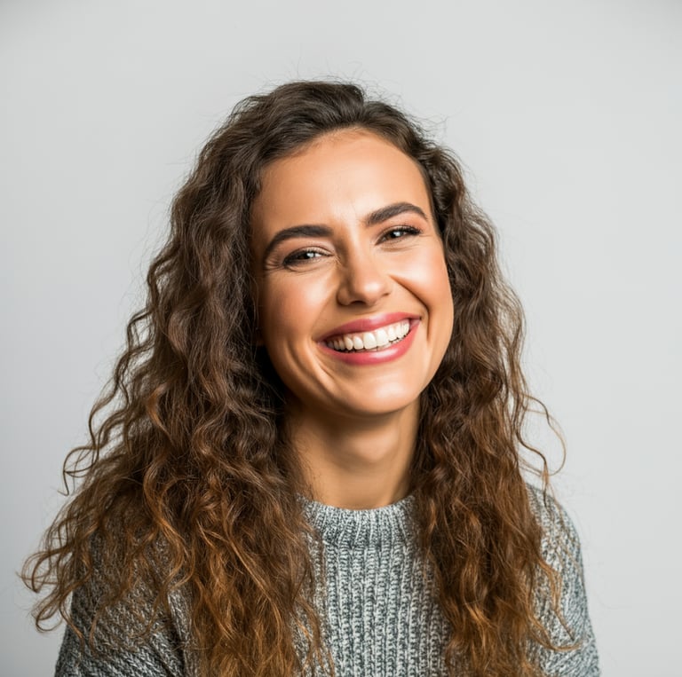 Portrait of a young woman with curly brown hair wearing a grey knit sweater, smiling warmly at the camera