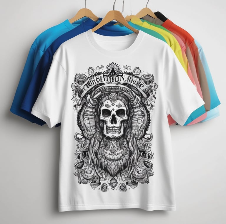 A colorful display of custom t-shirts hanging on a rack.