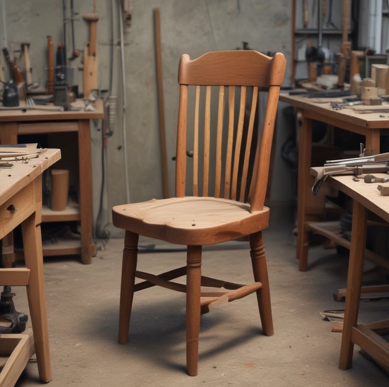 A beautifully crafted wooden chair made from reclaimed wood, placed in a bright, airy room.