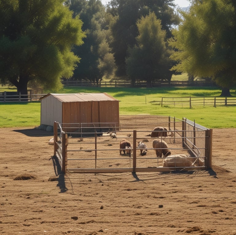 A rustic courtyard area featuring a small cow shelter with a teal canopy attached to a brick wall. Under the shelter, a cow is visible along with farm equipment. In the foreground, a blue tractor trailer with the words 'TRUST IN GOD' is parked, loaded with hay. Near the bottom, several bundles of hay are neatly stacked. The background includes more agricultural tools and structures, along with some residential buildings.