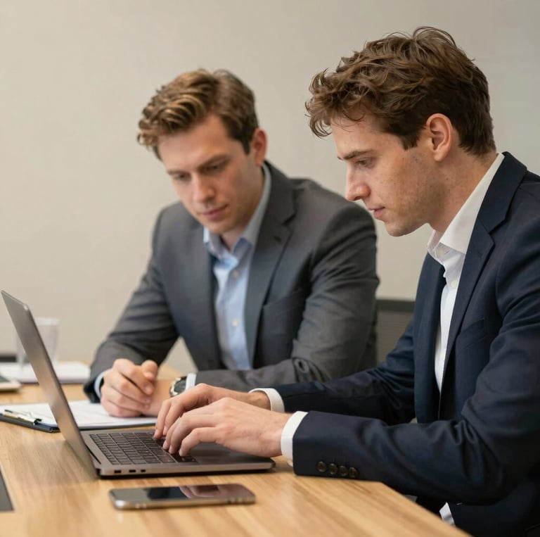 A warm, inviting office scene showing a small family team collaborating on a digital marketing project.