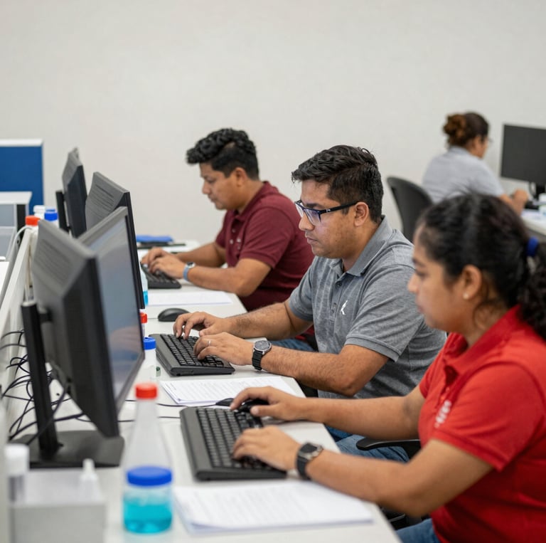 Team of lab professionals collaborating with advanced diagnostic equipment in a modern clinical laboratory setting.