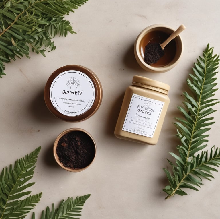 Close-up of a jar of rich coffee scrub with natural textures around it