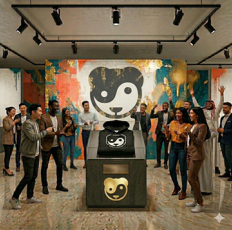 Diverse group of people celebrating at a modern luxury boutique launch for a pandgaea hoodie.