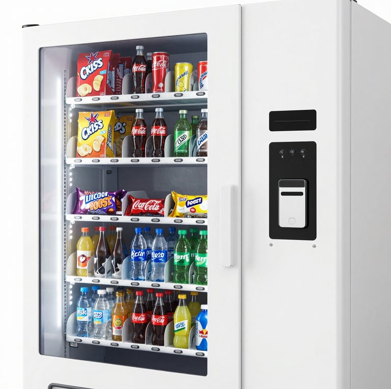 A sleek, modern vending machine stocked with a variety of snacks and drinks in a bright office setting.