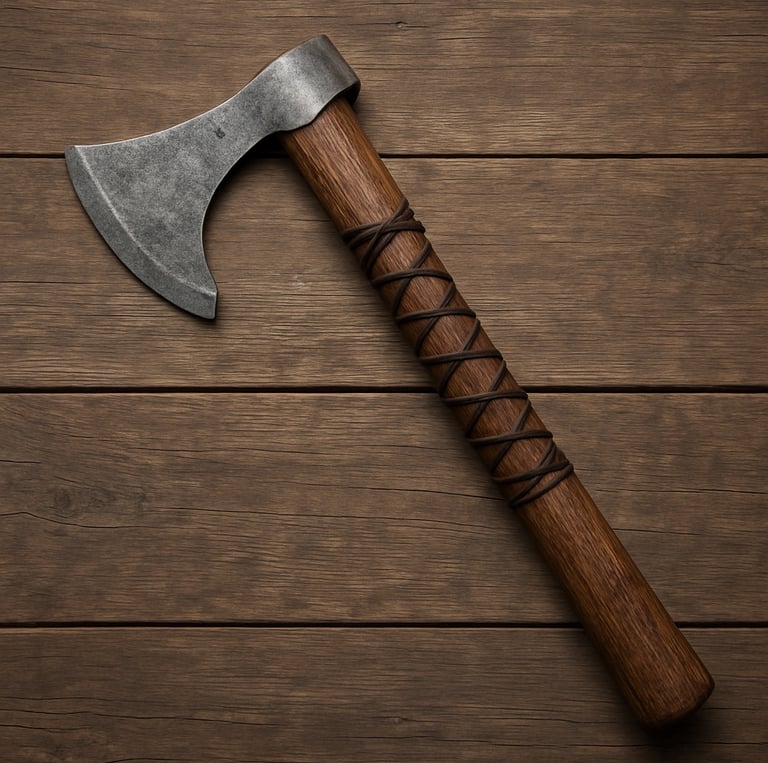 A close-up of a rugged Viking axe resting on a wooden table, showcasing its detailed craftsmanship and worn leather handle.