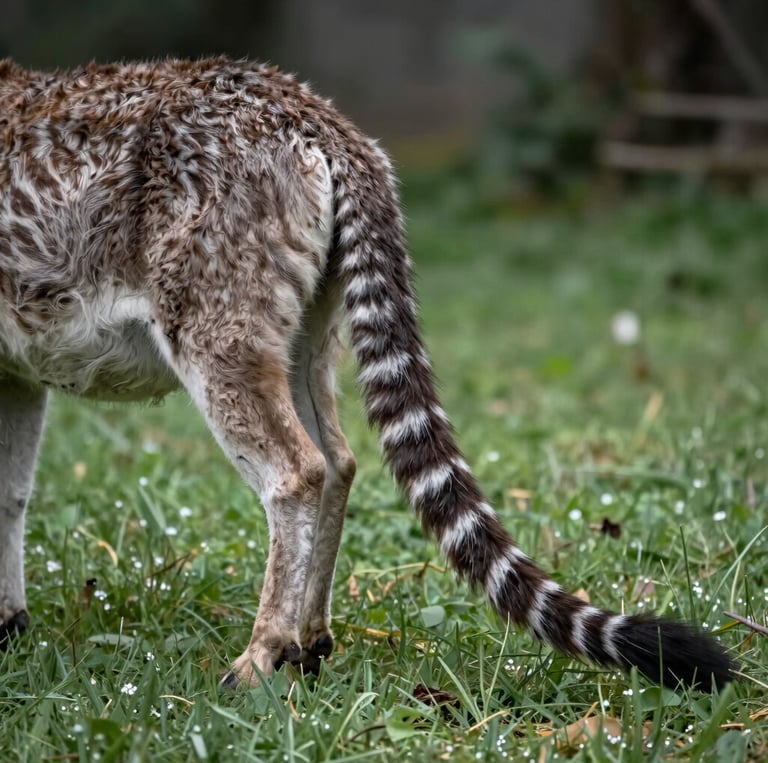 A graceful animal with a long, flowing tail perched on a mossy rock in a lush green forest, sunlight filtering through the leaves.