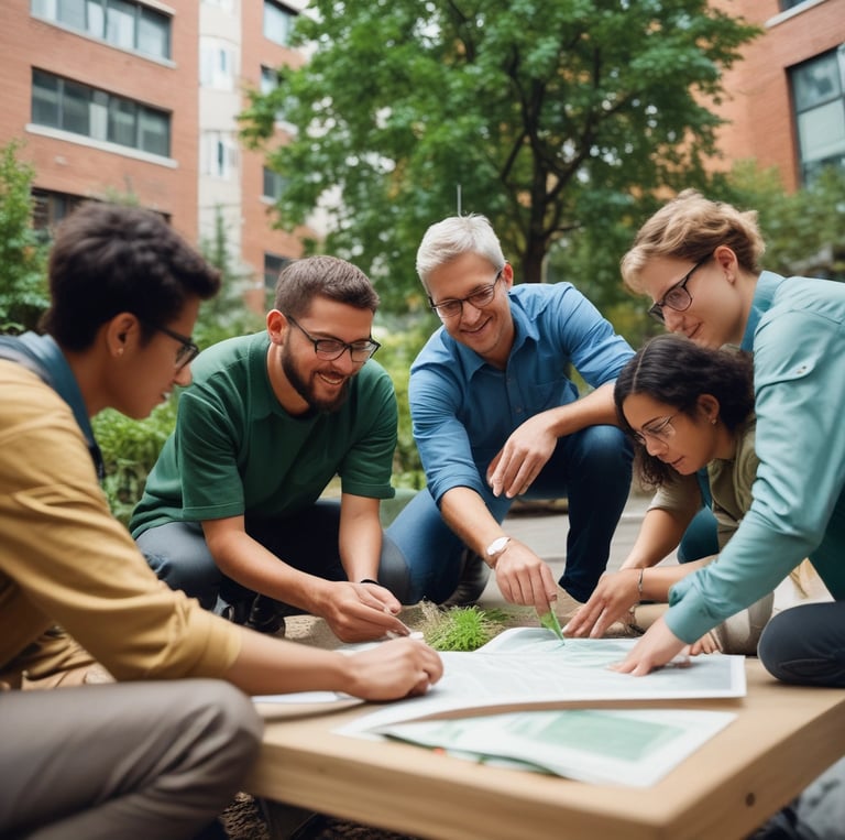 A group of adult learners collaborating outdoors, surrounded by greenery, engaged in hands-on environmental skills training.