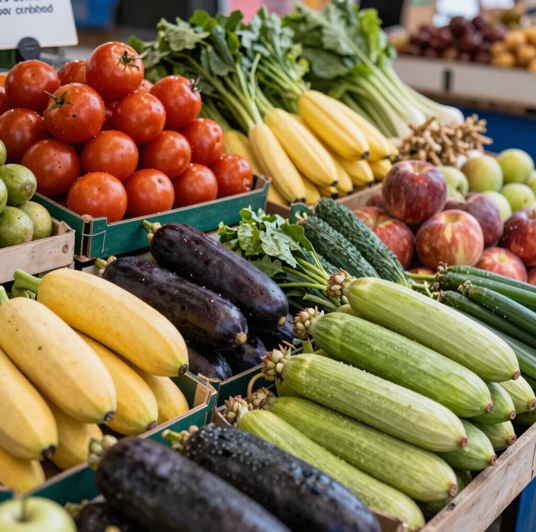 A vibrant crate overflowing with fresh green leafy vegetables and colorful fruits, set against a rustic wooden market stall backdrop.