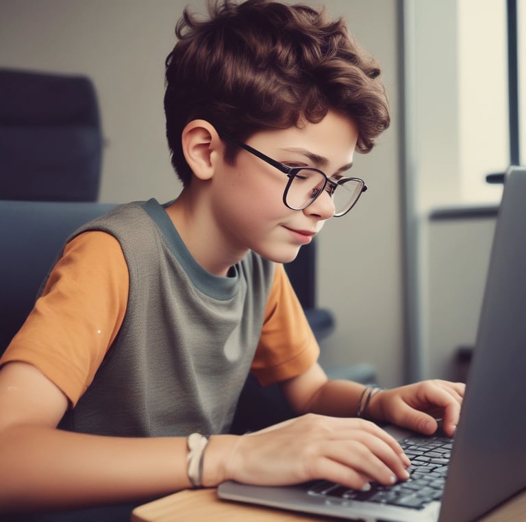a boy is sitting at a desk with a laptop