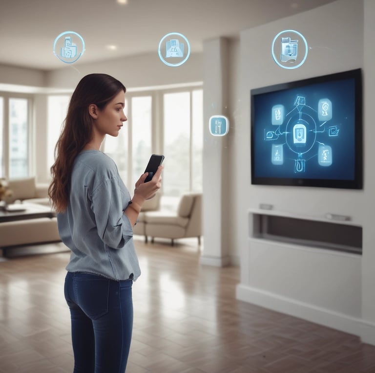 a woman standing in a living room with a cell phone