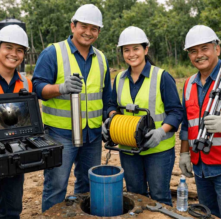 Civil engineers in hard hats use a borehole camera and inspection tools at a construction site.