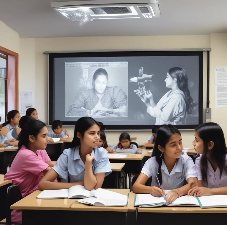 A bright classroom scene with students engaged in computer training and language lessons.