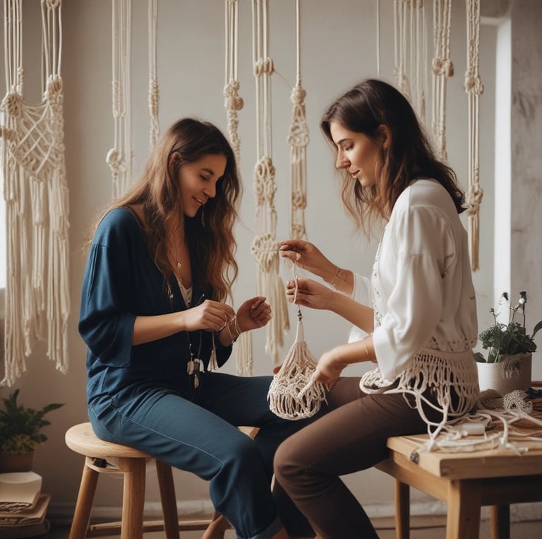 Two women crafting handmade macrame wall hangings in a boho-style art studio workshop.