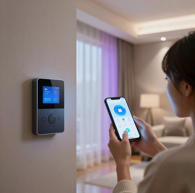 A sleek, modern living room showcasing smart lighting and automated curtains in a stylish Hyderabad home.