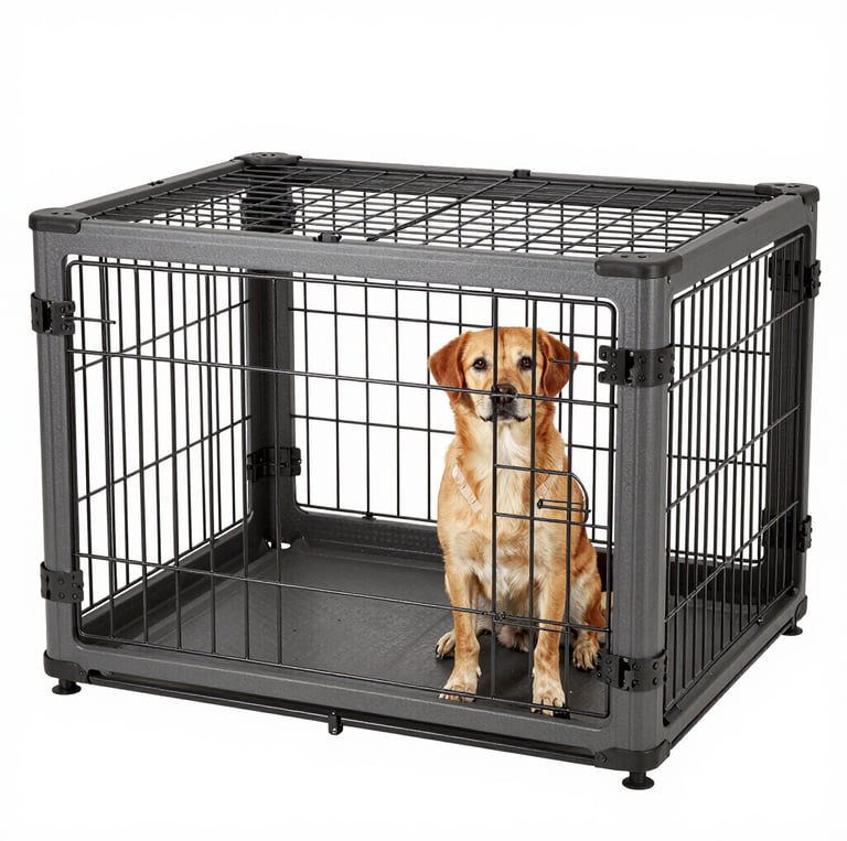 A happy dog sitting comfortably in a car seat with a safety harness on, looking out the window.