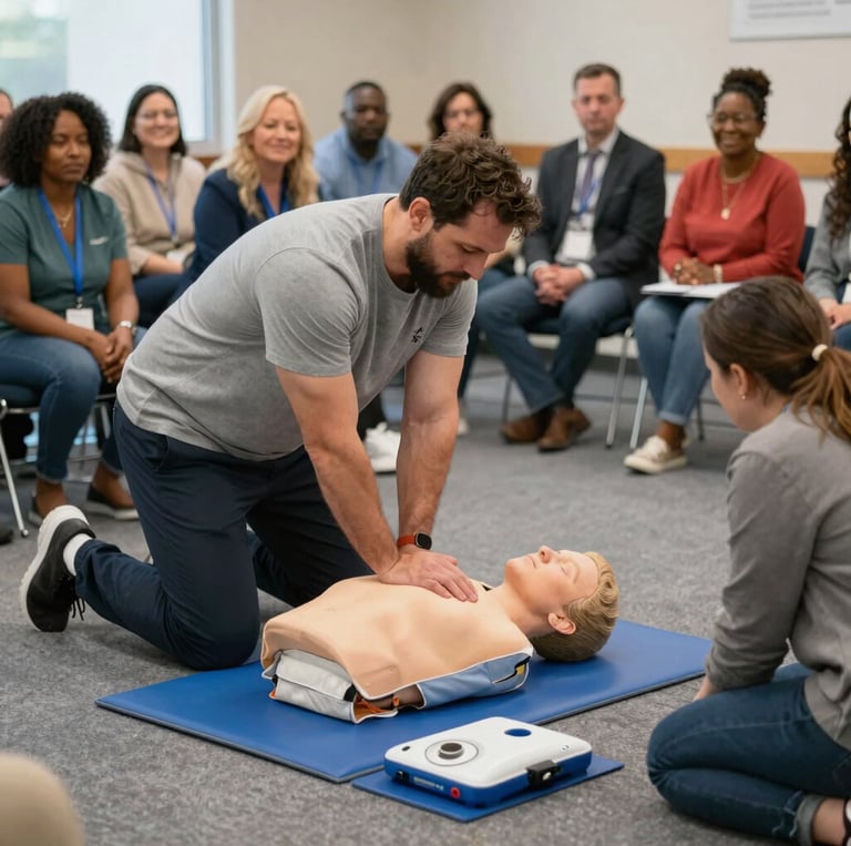 A friendly trainer engaging with a small group in a bright, welcoming classroom setting.