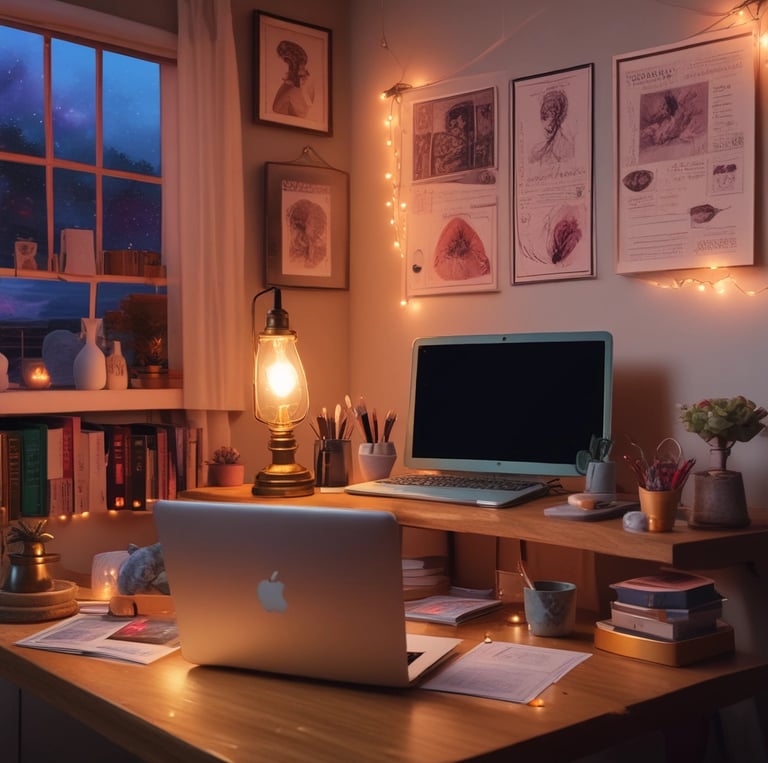 A warm, inviting portrait of Kalki seated at a table with tarot cards and crystals, softly lit to create a mystical atmosphere.