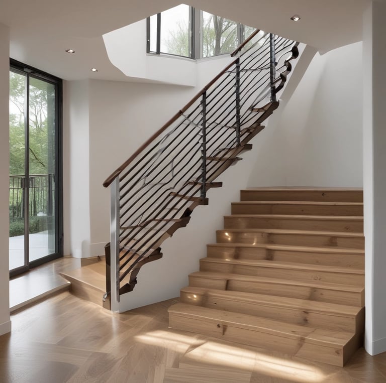 Modern industrial-style furniture made of carbon steel, stainless steel, wood, and glass in a bright showroom.