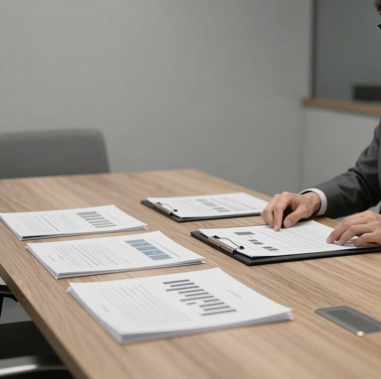 Modern office interior featuring glass partition walls, wooden desks, and ergonomic black chairs.