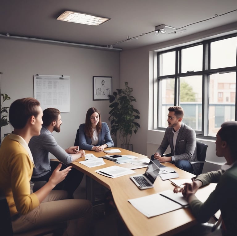 A professional team collaborating on digital marketing strategies.