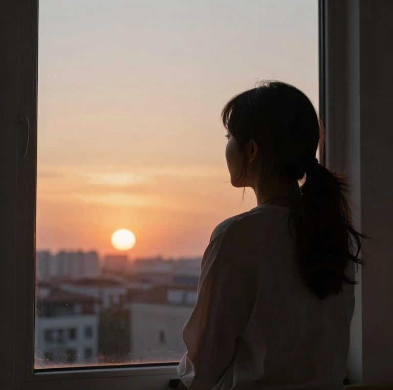 A thoughtful mother sitting by a window, reflecting quietly in a cozy, sunlit room.