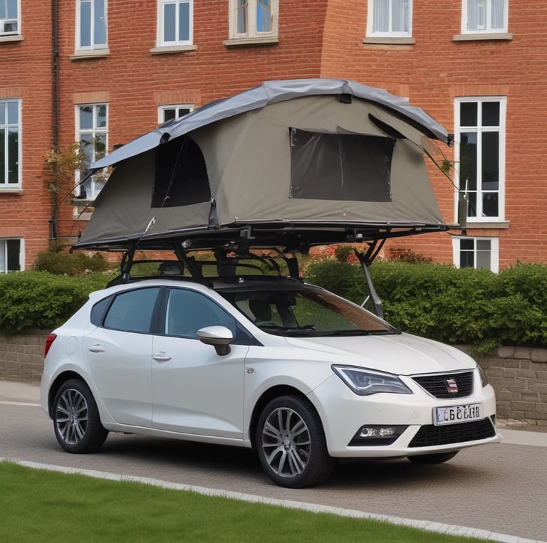 A rugged rooftop tent set up on a camper van against a mountain sunset.