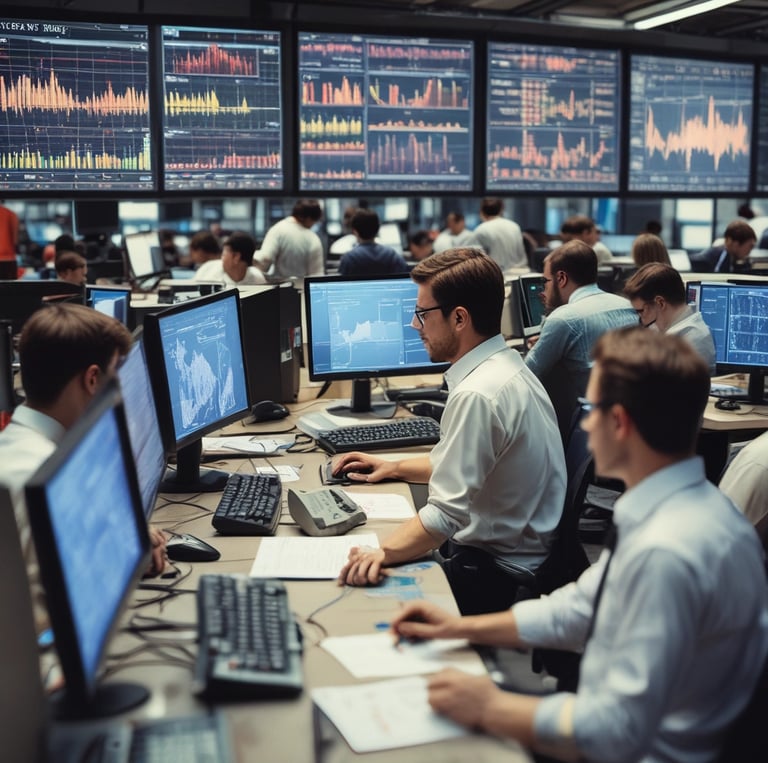 A modern London office with a team collaborating over CRM software on laptops.