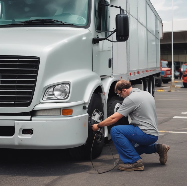 A skilled technician repairing a semi-truck engine outdoors with mobile service van in the background.