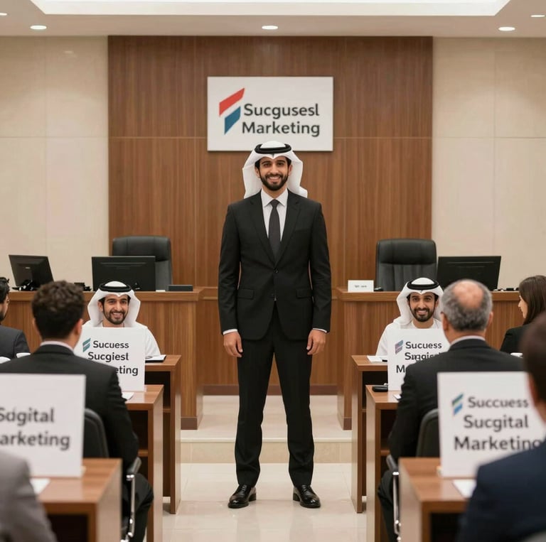 A professional team discussing digital marketing strategies in a modern office with legal books in the background.