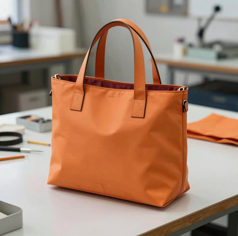 A cozy workspace with sewing tools and colorful fabric swatches representing handcrafted bags.