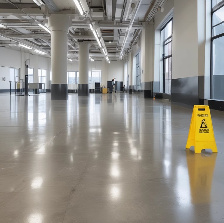A professional cleaner in uniform carefully cleaning a modern office lobby with natural light.