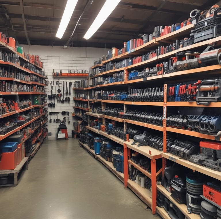 Close-up of yellow and black hand tools neatly arranged on a wooden workbench