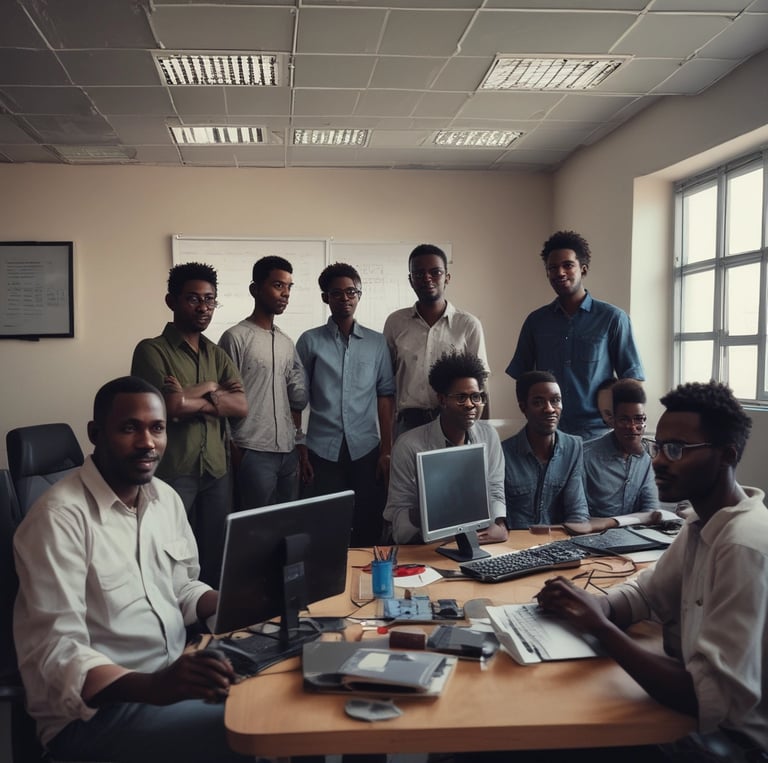 A modern office workspace in Atbara with team members collaborating on software development.