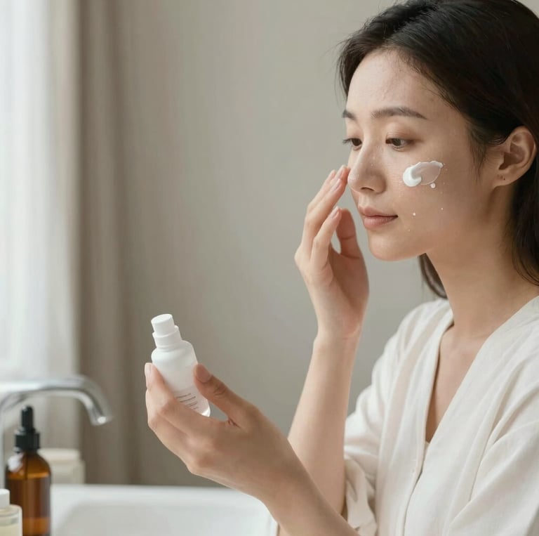 A soft, serene image of a person gently applying moisturizer in a sunlit, natural setting with greenery around.