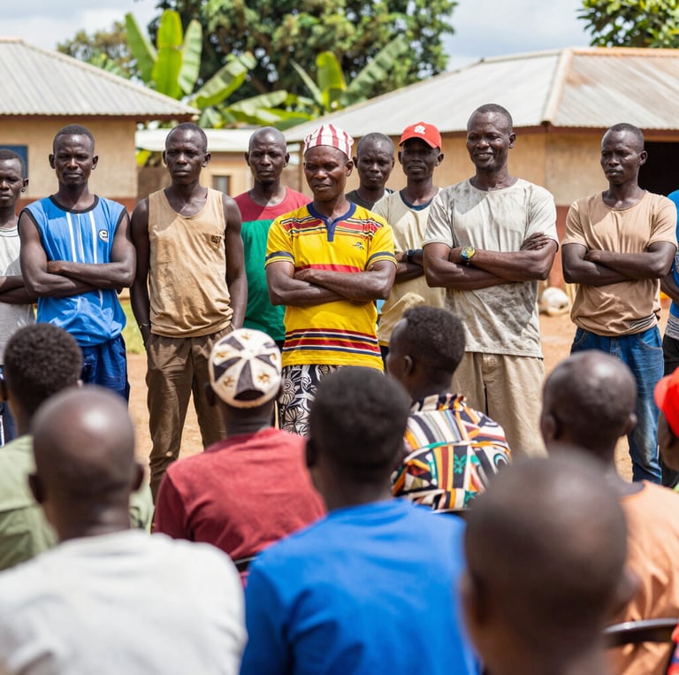 Farmers harvesting ripe coffee cherries under the warm Ugandan sun in the Mubende coffee belt.