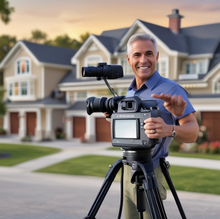 A dynamic behind-the-scenes shot of a real estate video shoot capturing a modern home exterior.