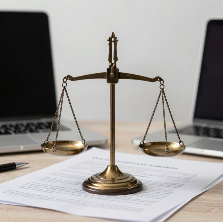 A warm office scene with two lawyers discussing a case over a laptop, surrounded by books and soft lighting in wine and gold tones.