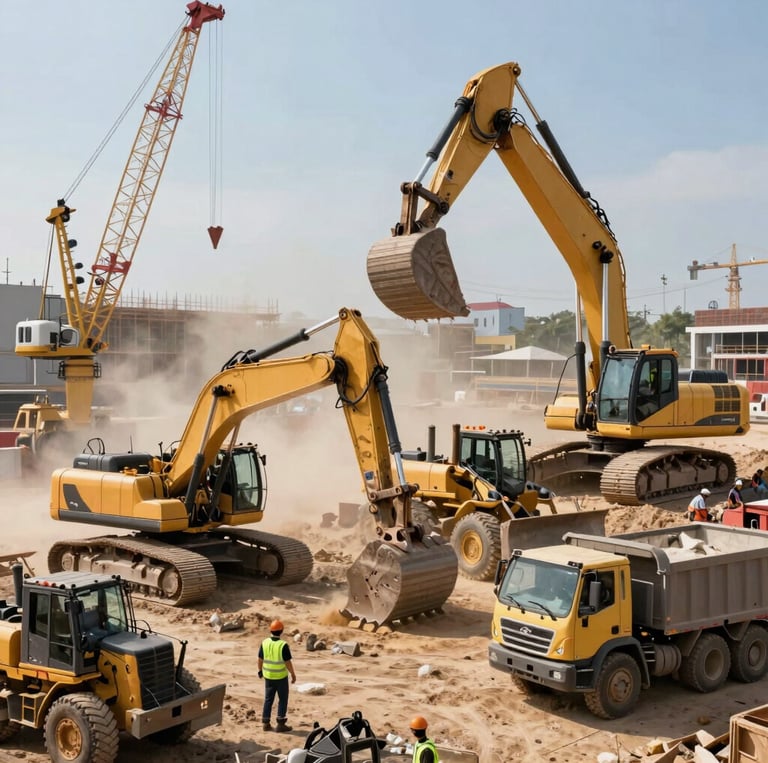 Construction workers installing air conditioning units on a modern building site.