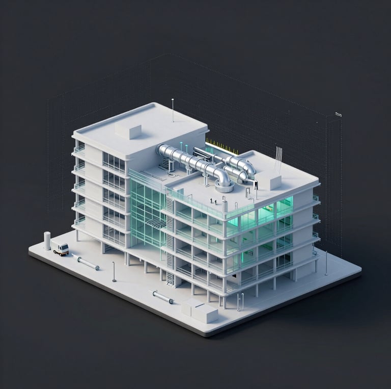 A sleek 3D BIM model overlay of a modern urban infrastructure project glowing subtly against a dark background.