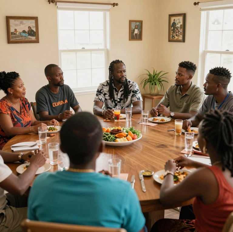 A lively neighborhood gathering with families sharing food and stories under colorful decorations.
