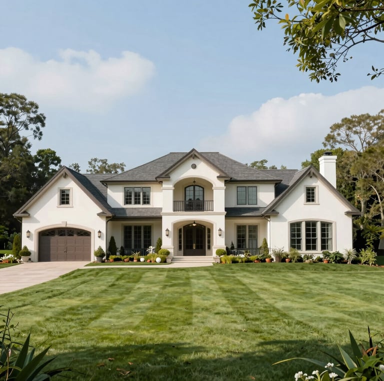 Luxurious River Oaks estate with manicured gardens in warm cream and sage tones.