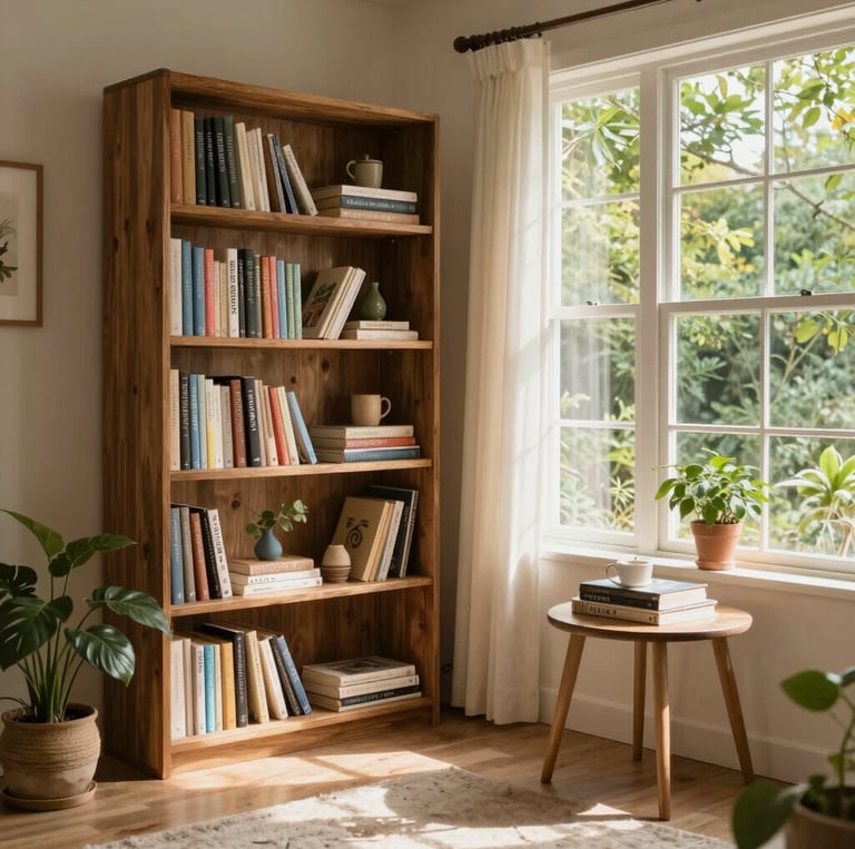 A cozy homeschool nook with natural light, books, and a simple wooden desk set up for learning.