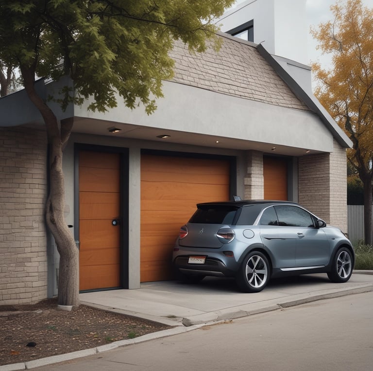 QUIERO UN GARAJE DE CASA DONDE HAYA UN VEHÍCULO ELÉCTRICO Y AL LADO UN CARGADOR PARA VEHÍCULO 