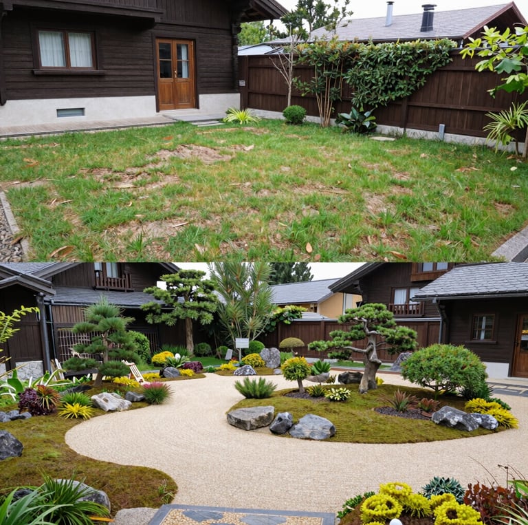 A peaceful Japanese garden featuring a carefully shaped bonsai tree beside a stone lantern.