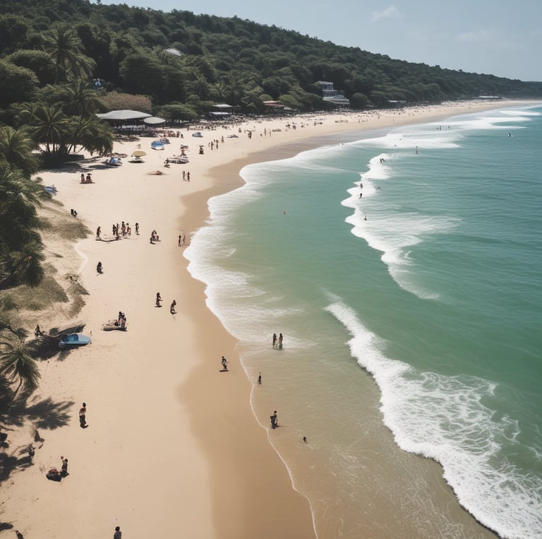 A vibrant beach scene at Praia da Pipa with tourists enjoying a scenic bike ride along the coastline.