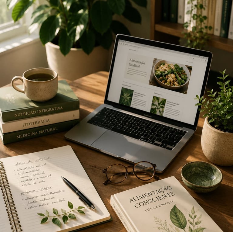 Mesa de trabalho com notebook, livros e plantas sobre saúde integrativa