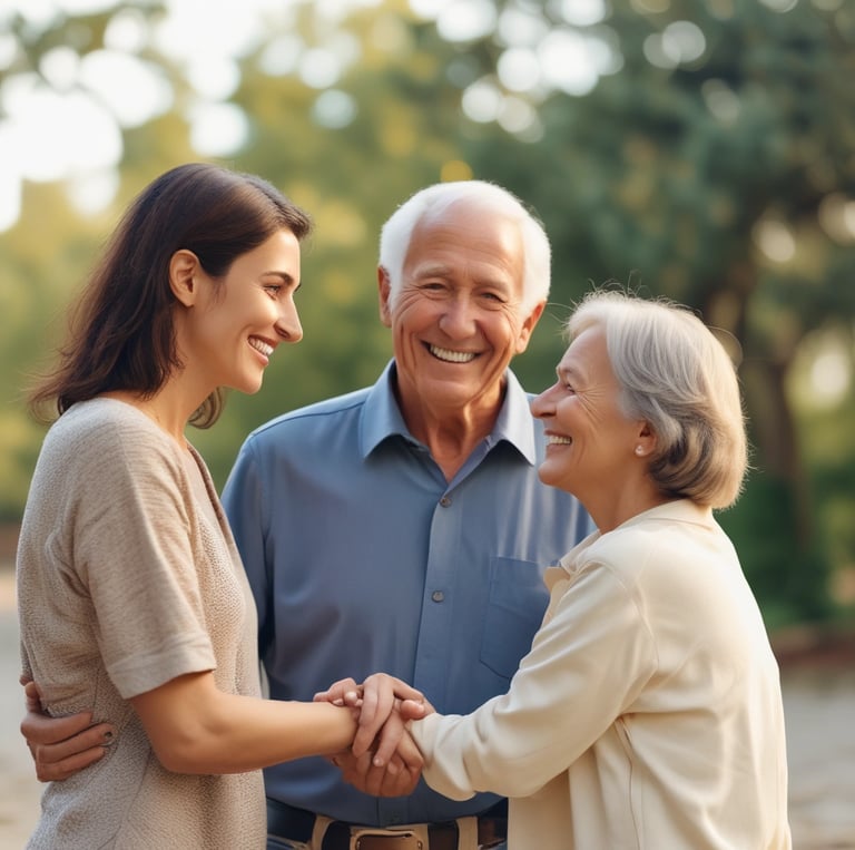 A friendly senior couple using a tablet together in a cozy living room, looking at healthcare information.