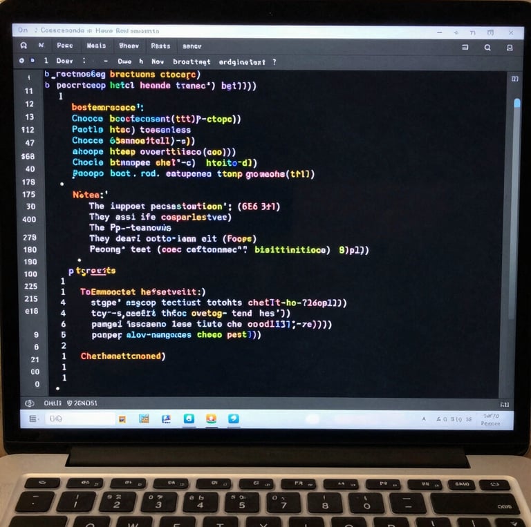 Sleek office workspace with dual monitors displaying code and design drafts in deep blue and crimson tones.