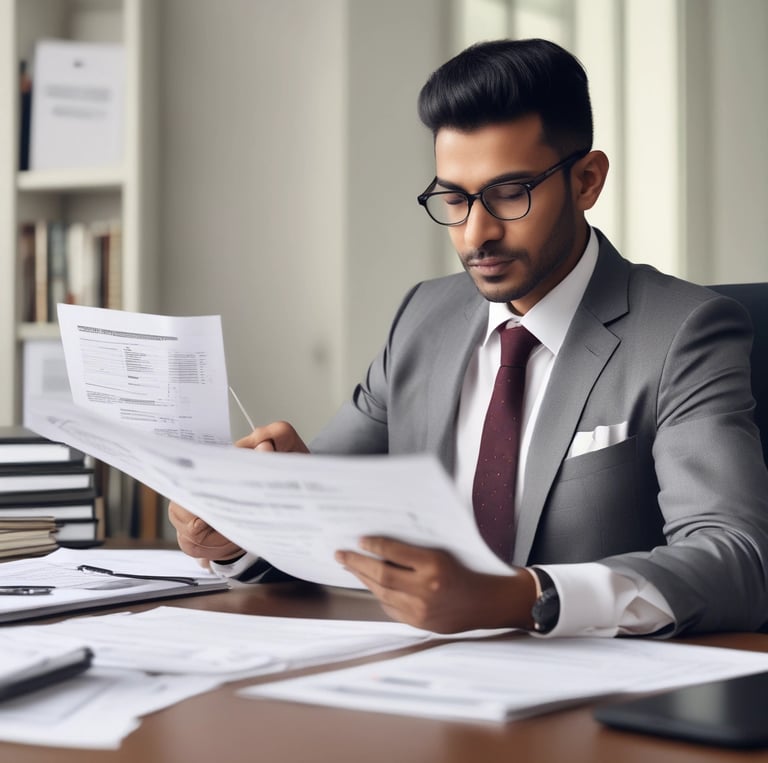 A professional Indian chartered accountant reviewing financial documents in a modern office.